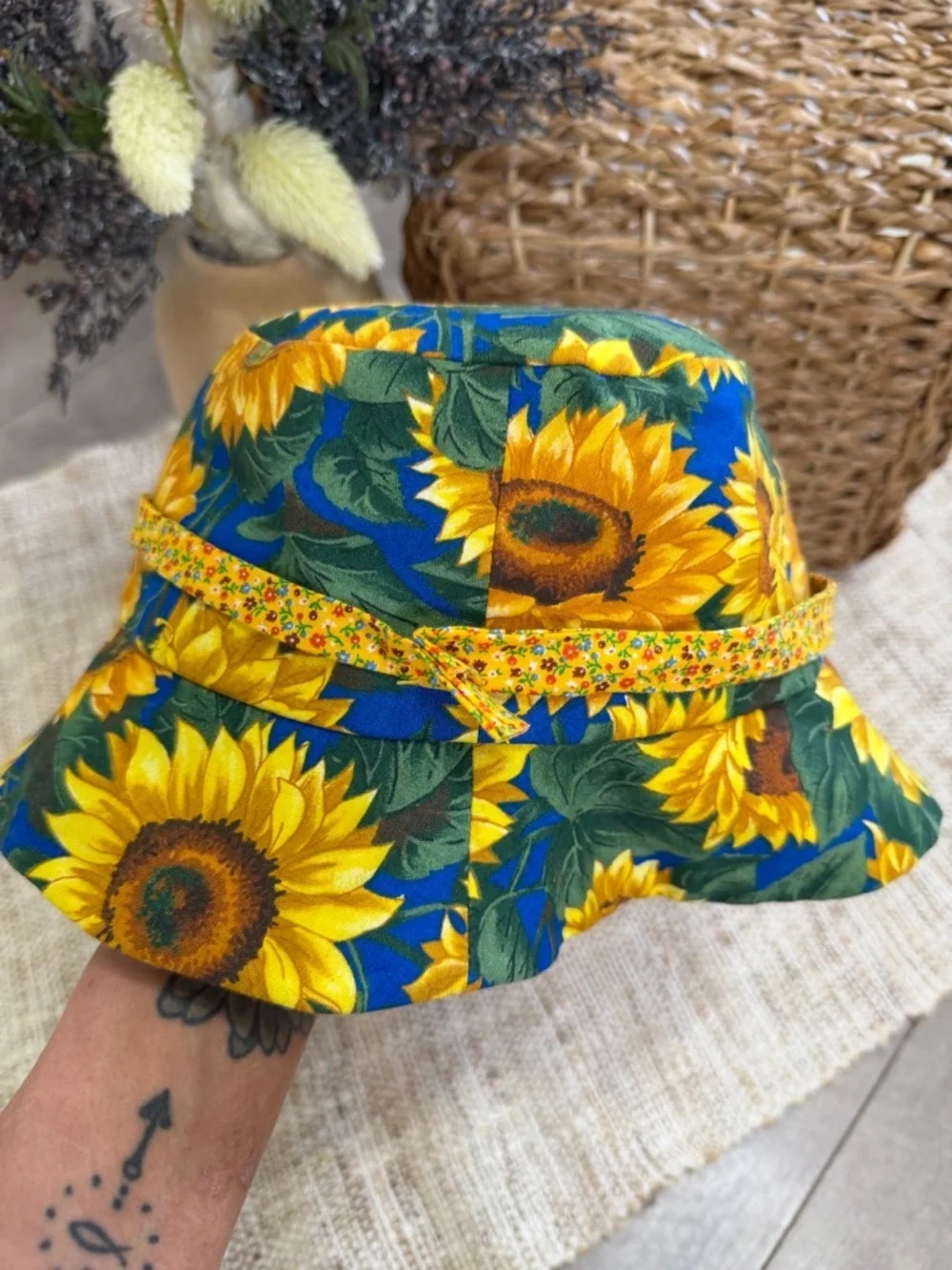Vintage 90s Baby Toddler Girl Hat Sunflower Print Bucket Hat ADORABLE